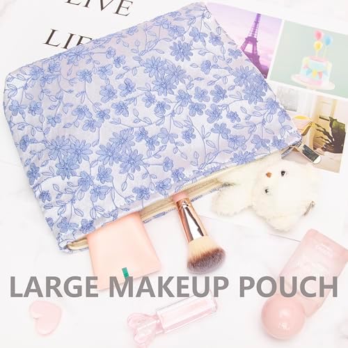 Flat Makeup Bag for Women, Zipper Cosmetic Pouch for Purse, Brocade Silver - Image 5