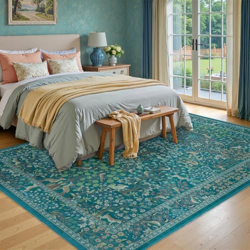 Woodland Animal Washable Rugs 8x10, Teal Tree of Life Floral Animal Rugs - Image 3