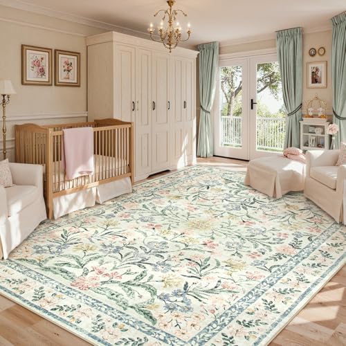 Lahome 9x12 Rugs for Bedroom, Boho Cream Floral Kids Room Rug - Image 3