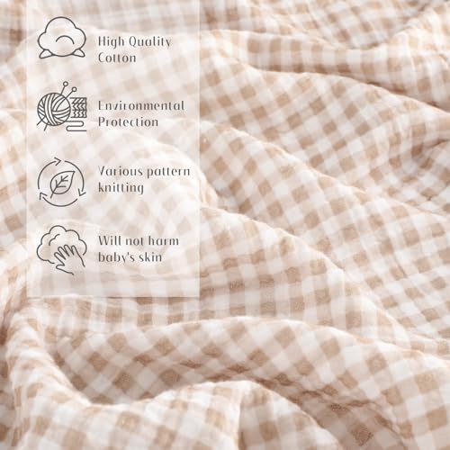 Breling 2 Pcs Muslin Khaki and Khaki Gingham Crib Sheets Netural - Image 4