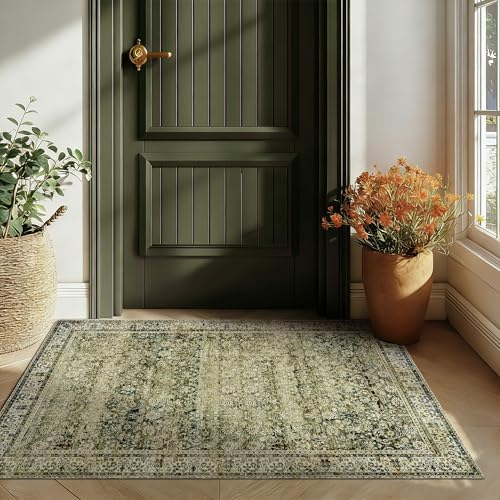 Olive and Beige Throw Rugs 2x3 Washable Vintage Floral Thin Small Area Rug - Image 2