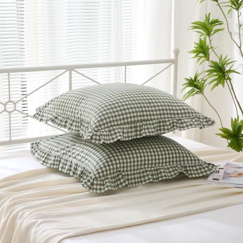 2 Pack Sage Green Gingham Euro Shams Pillow Covers 26''x26'' - Image 3