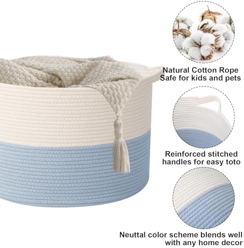 90L Large Blanket Basket, Woven Laundry Basket-White&Blue - Image 3