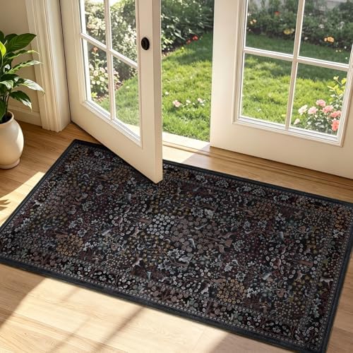 Midnight Blue 2x4 Entryway Rug Inside House, Whimsical Woodland Animal Printed by Jainmy