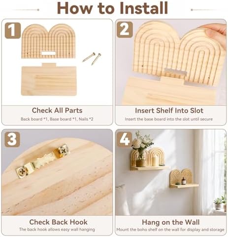 Artilady Boho Shelf Wall Decor, Wood Hanging Shelves - Image 5