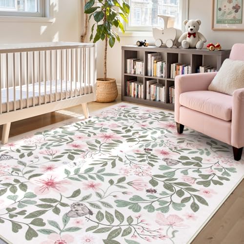 Lahome Pink Girls Nursery Rug, 5x7 Floral Baby Girls Rugs by Lahome