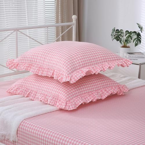 2 Pack Coral Pink Gingham Euro Shams Pillow Covers 26''x26'' - Image 3