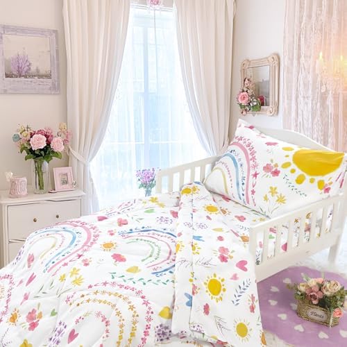 Pea Pod Toddler Bedding Set for Girls, 4 Piece Soft & Breathable Rainbow & Sun - Image 5