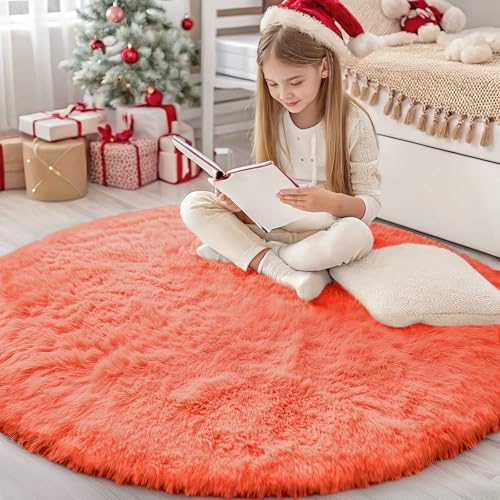 OLANLY Coral Red Round Rugs for Bedroom by OLANLY