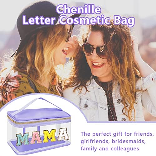 Iqimott Preppy Clear Makeup Bag Mama Pouch, Chenille Letter Cosmetic Bag - Image 5