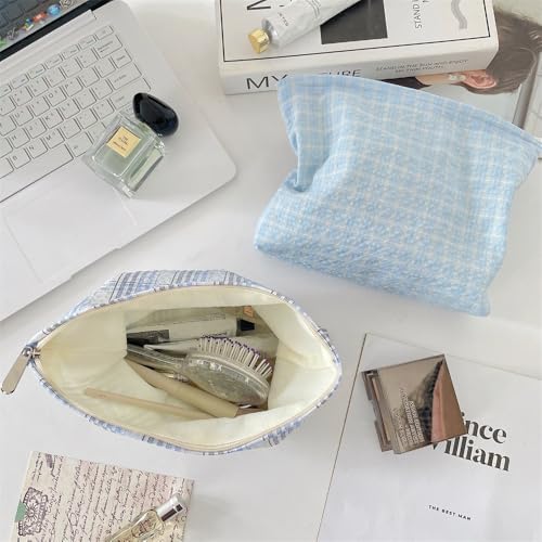 Flat Makeup Bag for Women, Zipper Cosmetic Pouch for Purse, Grid Blue - Image 7