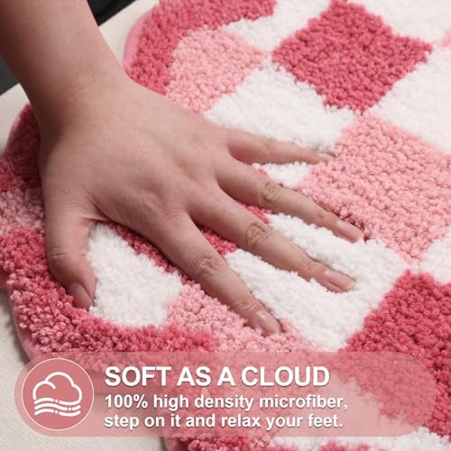ORTIGIA Cute Pink Checkered Scalloped Bath Mat, Fun Plush Microfiber Bathroom - Image 4