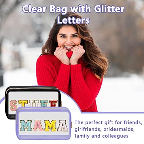 Iqimott Clear Patch Makeup Bag Mama Pouch, Preppy Personalized Chenille Letter - Image 5