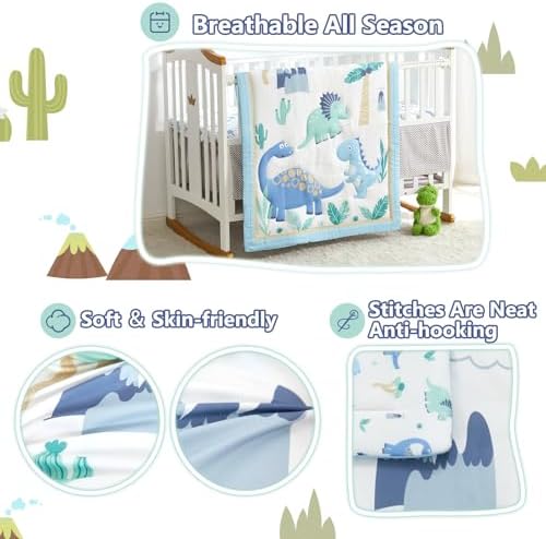 Dinosaur Mini Crib Bedding Set for Boys Light Blue Premium 3-Piece Baby Bedding - Image 6