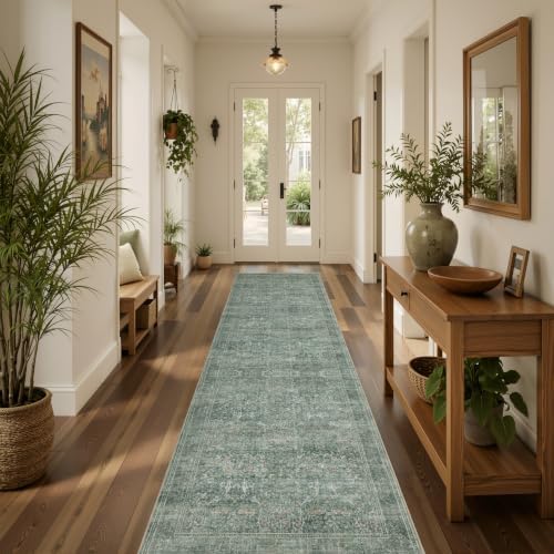 JOLLYVOGUE Runner Rug, 2x8 Washable Vintage Floral Rug, Moss Green by JOLLYVOGUE