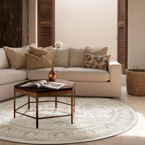 4ft Washable Round Rugs for Bedroom: Circle Living Room Rug Boho Vintage Non - Image 3