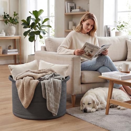 65L Large Blanket Basket, Woven Rope Laundry Basket-Dark Grey - Image 4