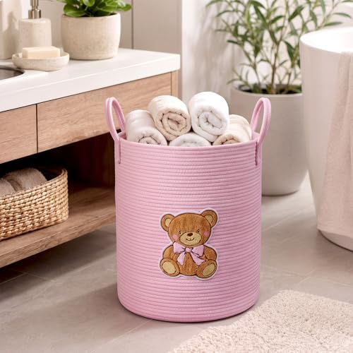 LemonRoad Pink Bear Laundry Hamper Large Cotton Rope Storage Basket - Image 4