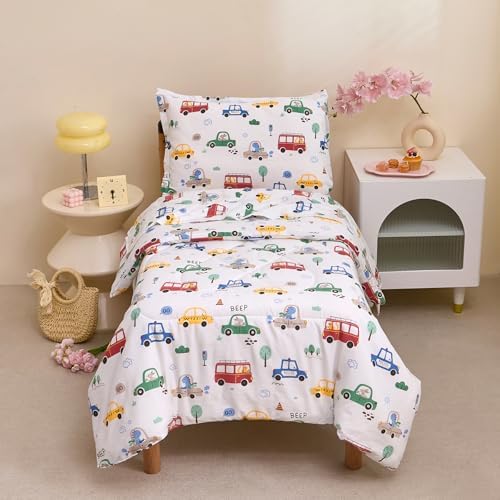 Caressma White Cars 4 Pieces Toddler Bedding Set Bed-in-a-Bag Comforter by Caressma