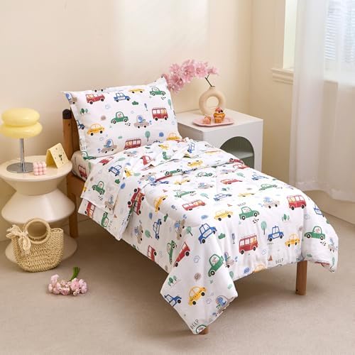 Caressma White Cars 4 Pieces Toddler Bedding Set Bed-in-a-Bag Comforter - Image 2