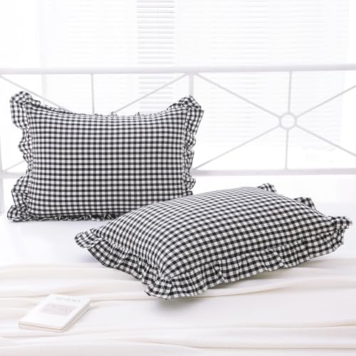 2 Pack Black White Gingham Ruffle Pillow Shams King Size 20"x36" - Image 3