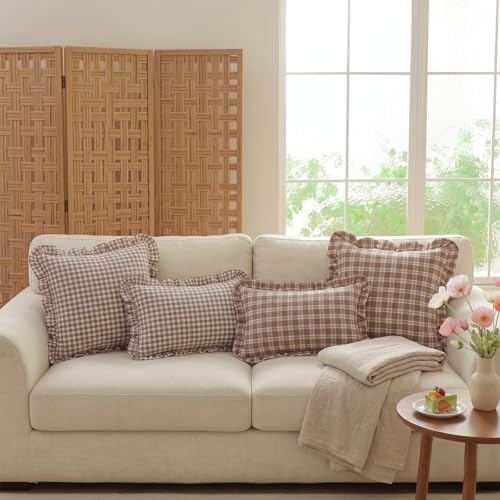Set of 2 Ruffle Plaid Pillow Covers 18x18 Inch Cotton Brown and White Checkered - Image 5