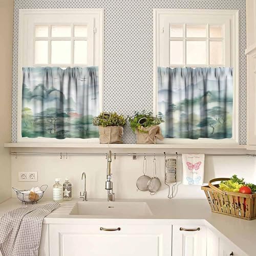 Forest Valance Curtain for Kitchen, Watercolor Style Nature Woodland Green - Image 2