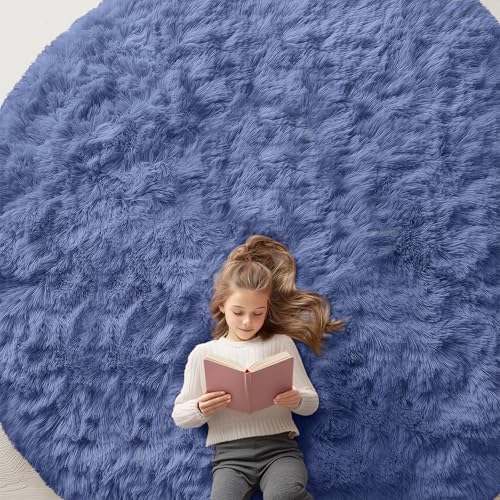 OLANLY Denim Blue Round Rugs for Bedroom by OLANLY