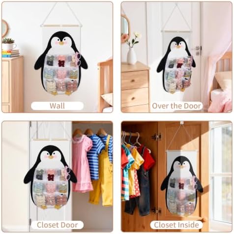Penguin Hair Bow Organizer for Girls, 9 Mesh Pockets w/Ribbons - Image 6