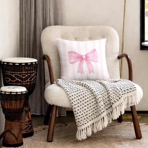 Blush Bow Decorative Throw Pillow 18x18 Inch – Cute Blush Pink Striped Pillow - Image 4