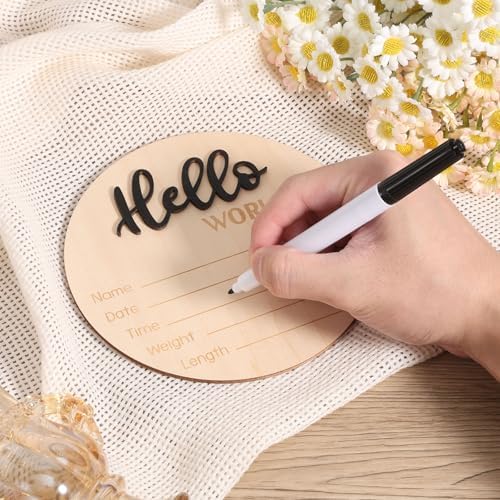 Newborn Announcement Sign with Pen, 5.9in Wooden Hello World Baby Welcome Sign - Image 4