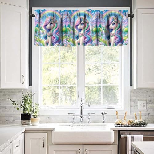 Cartoon Unicorn Valances Curtains Colorful Flowers Dreamy Rainbow Window - Image 6