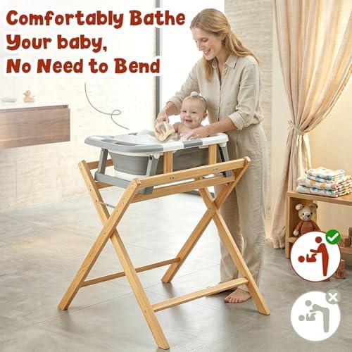FUNLIO Wooden Baby Bathtub Stand, Foldable Baby Bath Stand - Image 2