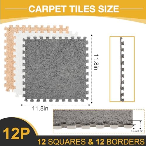 ZENOWICK 12 Pcs Plush Interlocking Carpet Tiles, Puzzle Play Mats - Image 3