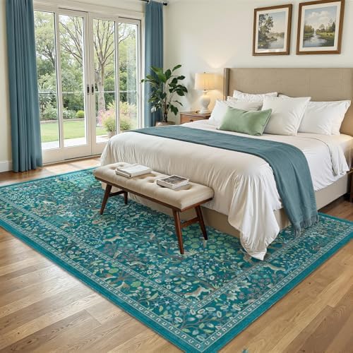 Teal Tree of Life Area Rug 5x8, Boho Farmhouse Carpet - Image 4