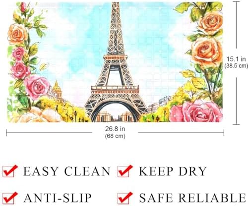 Bathtub Mat Non Slip 26.8x15.1In, Paris Eiffel Tower Rose Bath Mat - Image 4