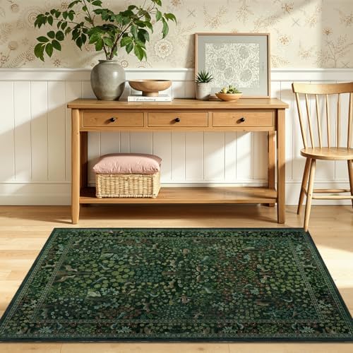 Dark Green Small Area Rugs 3x4, Whimsical Woodland Floral Animal Print Entryway - Image 3