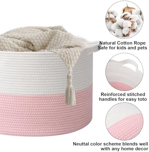 90L Extra Large Pink Woven Cotton Rope Basket - Image 3