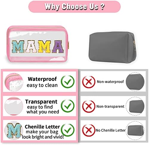 Chenille Letter Clear Makeup Bags Mama Pouch, Preppy Patch Makeup Bag - Image 4
