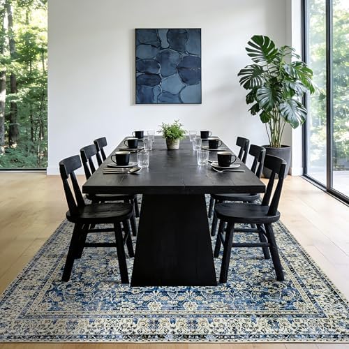Blue Vintage Distressed Print Carpet 6x9 Low Pile Multi Rug - Image 5