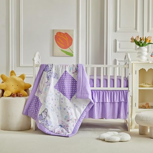 Patchwork Crib Bedding Set Butterfly Plaid Floral Design 3 Pieces Baby Girl - Image 4