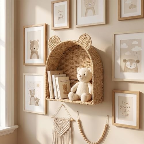 Arched Teddy Bear Nursery Wall Shelf, Paper Rope Basket - Image 3