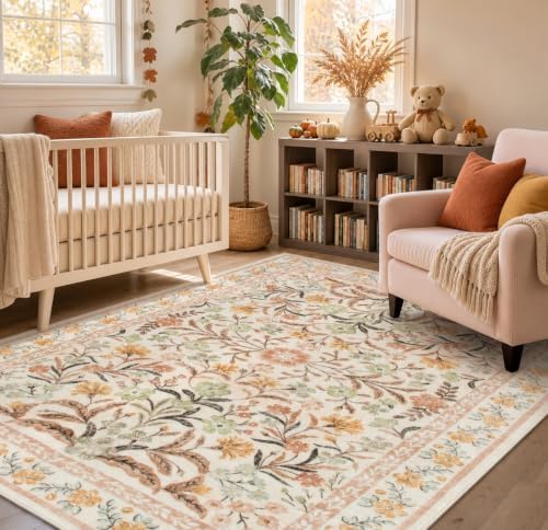 Lahome Orange Floral Area Rugs 8x10, Fall Washable Rugs - Image 5