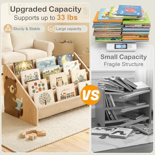 Toddler Bookshelf 4 Tier Solid Wood Montessori Nursery Book Organizer Kids - Image 5