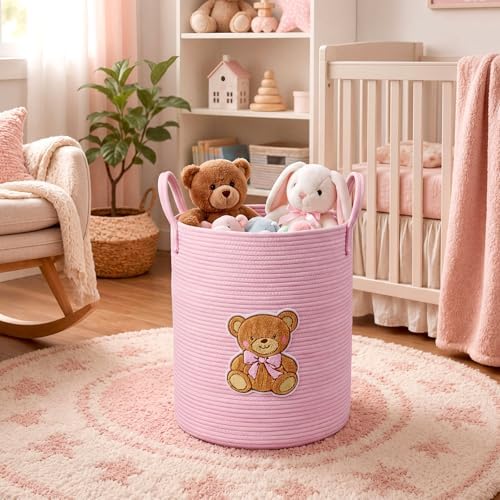 LemonRoad Pink Bear Laundry Hamper Large Cotton Rope Storage Basket - Image 5
