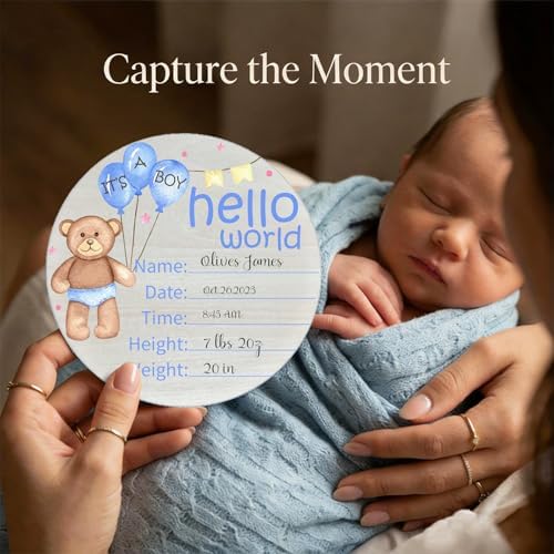 Birth Announcement Sign Hello World Baby Name Wood Blue Bear Theme - Image 2