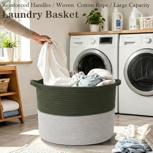 90L Extra Large Blanket Basket, Woven Laundry Basket-Green&White - Image 5