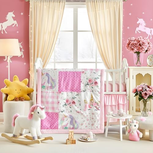 Patchwork Crib Bedding Set Unicorn Plaid Floral Design 3 Pieces Baby Girl Cute - Image 2