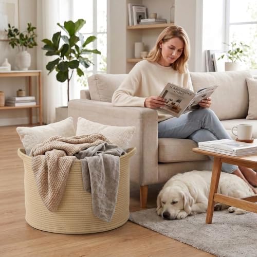 115L Extra Large Blanket Basket, Woven Rope Laundry Basket-Camel - Image 4