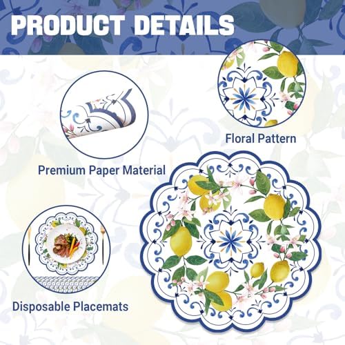 50PCS Lemon Paper Placemats Disposable Blue Chinoiserie Floral Placemat - Image 3